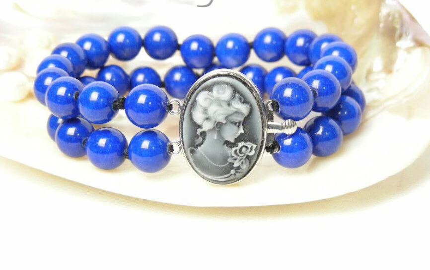 

shipping>>>> AAA 2row round lapis lazuli bracelet cameo 5.25