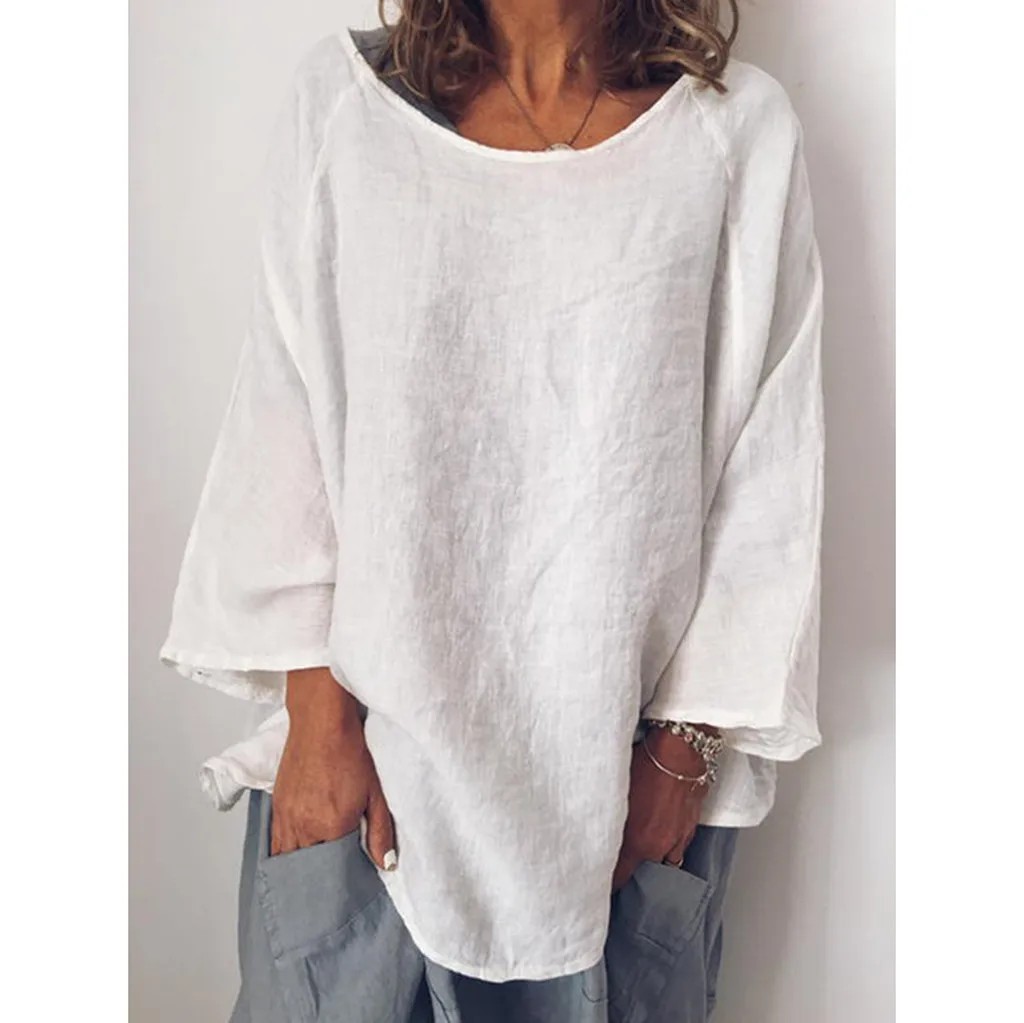 

T-Shirt Women Casual O-Neck 3/4 Sleeve Solid Linen Oversized T-Shirt Loose Pullover Top tee shirt femme grande taille