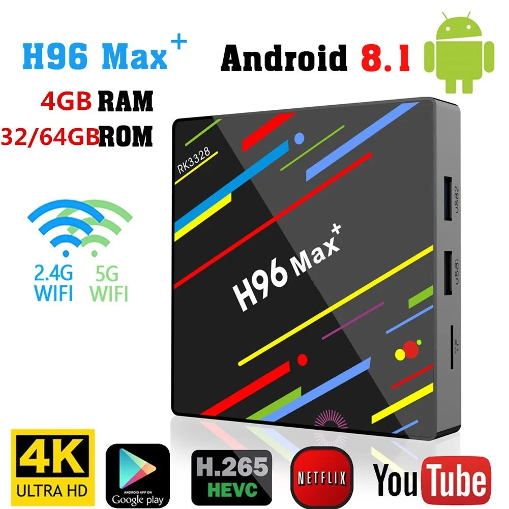 

H96 Max + MaX Plus Smart TV Box RK3328 Quad Core 64bit Mali-450 GPU 4g/32g 64g Android 8.1 2.4g/5.0 g Wifi Set Top Box