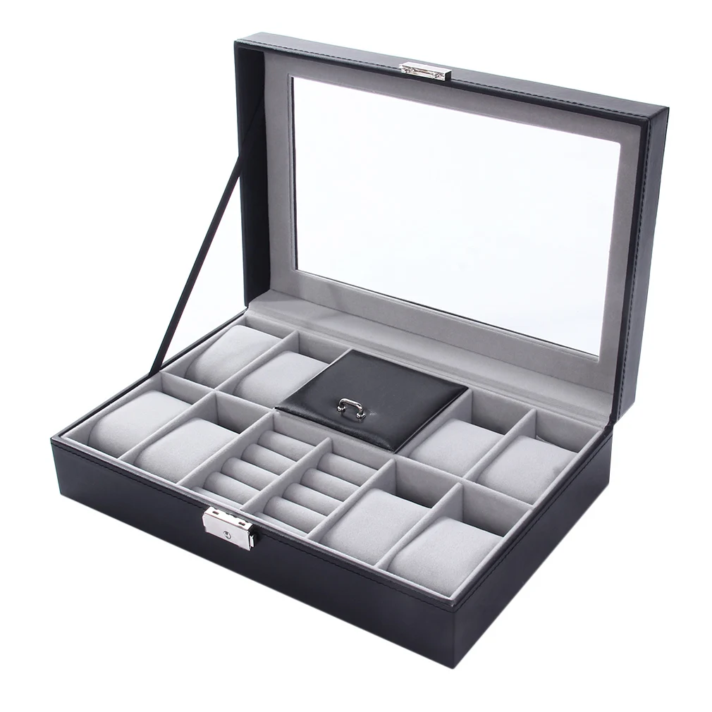 

GENBOLI 2 In One 8+3 Mixed Grids Rings Storage Organizer Jewelry Display PU Leather Watch Box