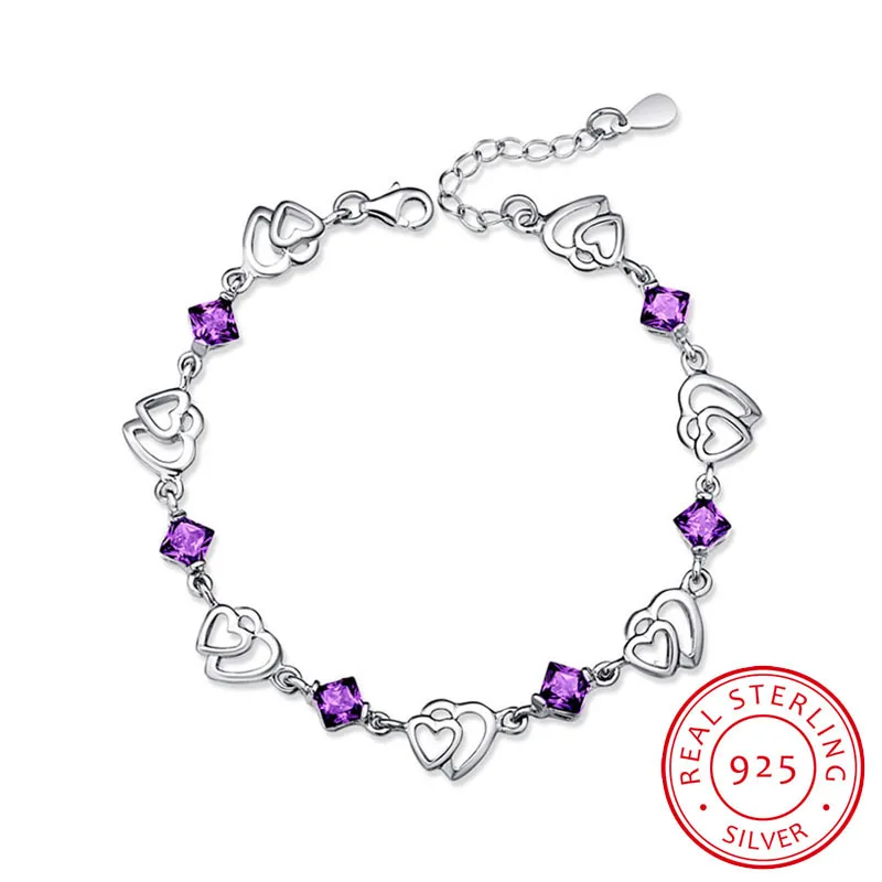 

925 Sterling Silver Bracelets For Women Heart Shape Purple Rhombus Stone Bracelets & Bangles Party Jewelry (BA101887)