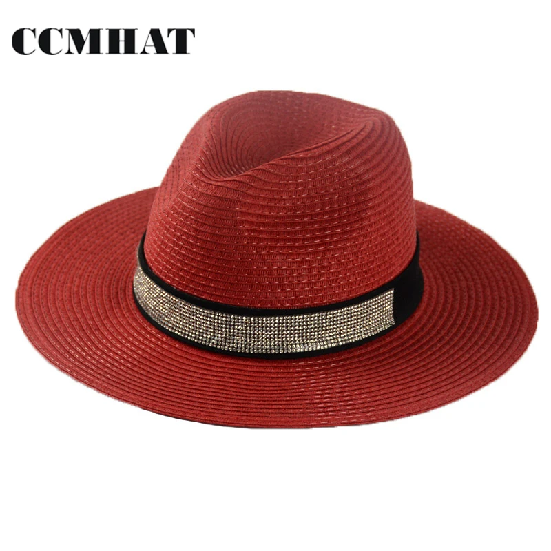 CCMHAT Fedoras Hat For Women Wide Brim Straw Hat For Men Red Adjustable