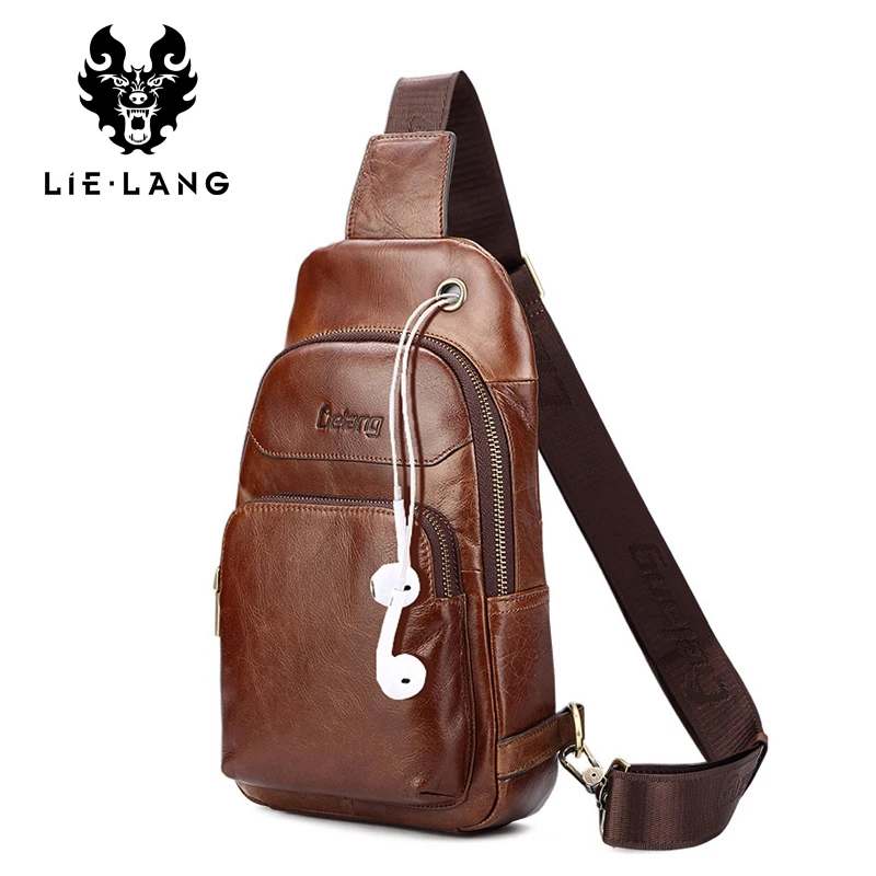  LIELANG chest Bag bolso de hombro de cuero genuino para hombre Casual de cuero de vaca marrón para 