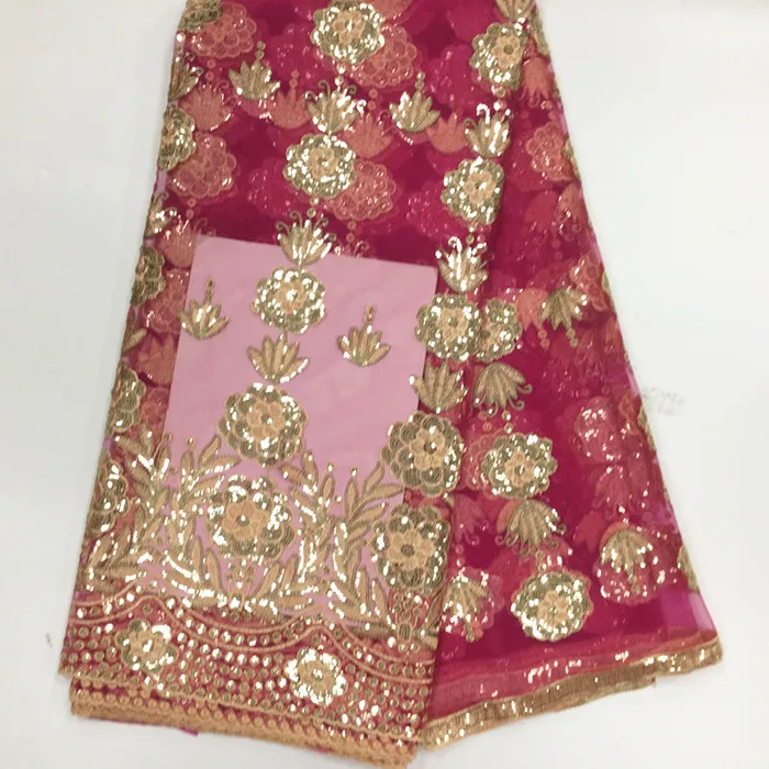 

5 Yards/pc Hot sale fuchsia french net lace with sequins flower design african mesh lace fabric for dress BN71-2