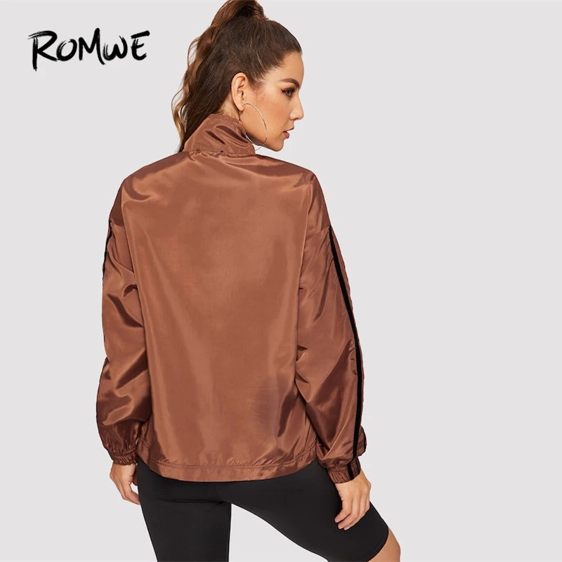 Most effective  ROMWE Striped Sleeve Half Placket Windbreaker Jacket 2019 Women Spring Autumn High Neck Coat Brown 