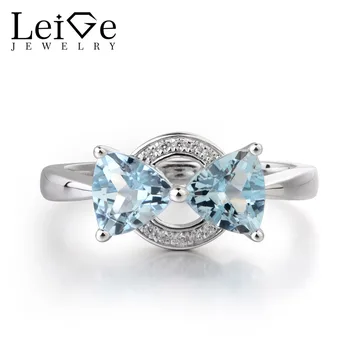 

Leige Jewelry Genuine Aquamarine Gemstone March Birthstone 925 Sterling Silver Trillion Cut Anniversary Two Stones Ring For Girl
