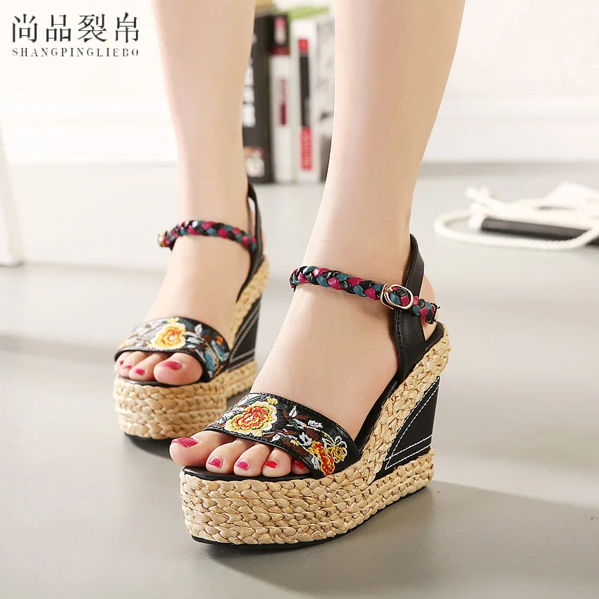 

Embroidered Sandals Woman 2019 High-heeled Shoes Women's Sandals Toe Genuine Leather