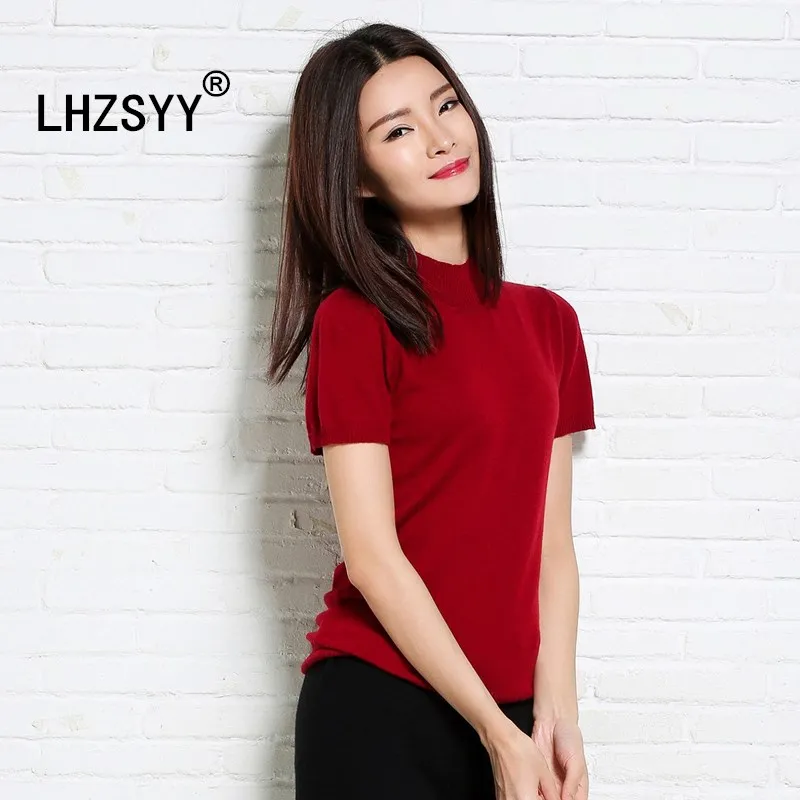 

LHZSYY Spring Autumn New Women's Semi-High Collar Cashmere Sweater Slim Knit Short-Sleeved Fashion Soft pullover Short Sweaters