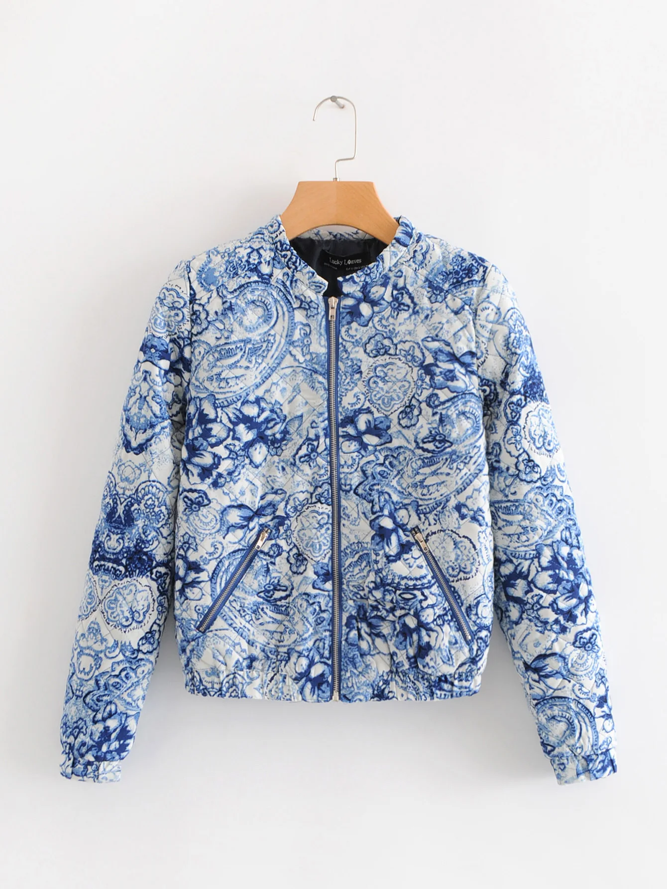 

Women's Jacket New Fashion Joker Jack Blue and White Porcelain Vintage Print Stand Collar Long Sleeve Short Jacket