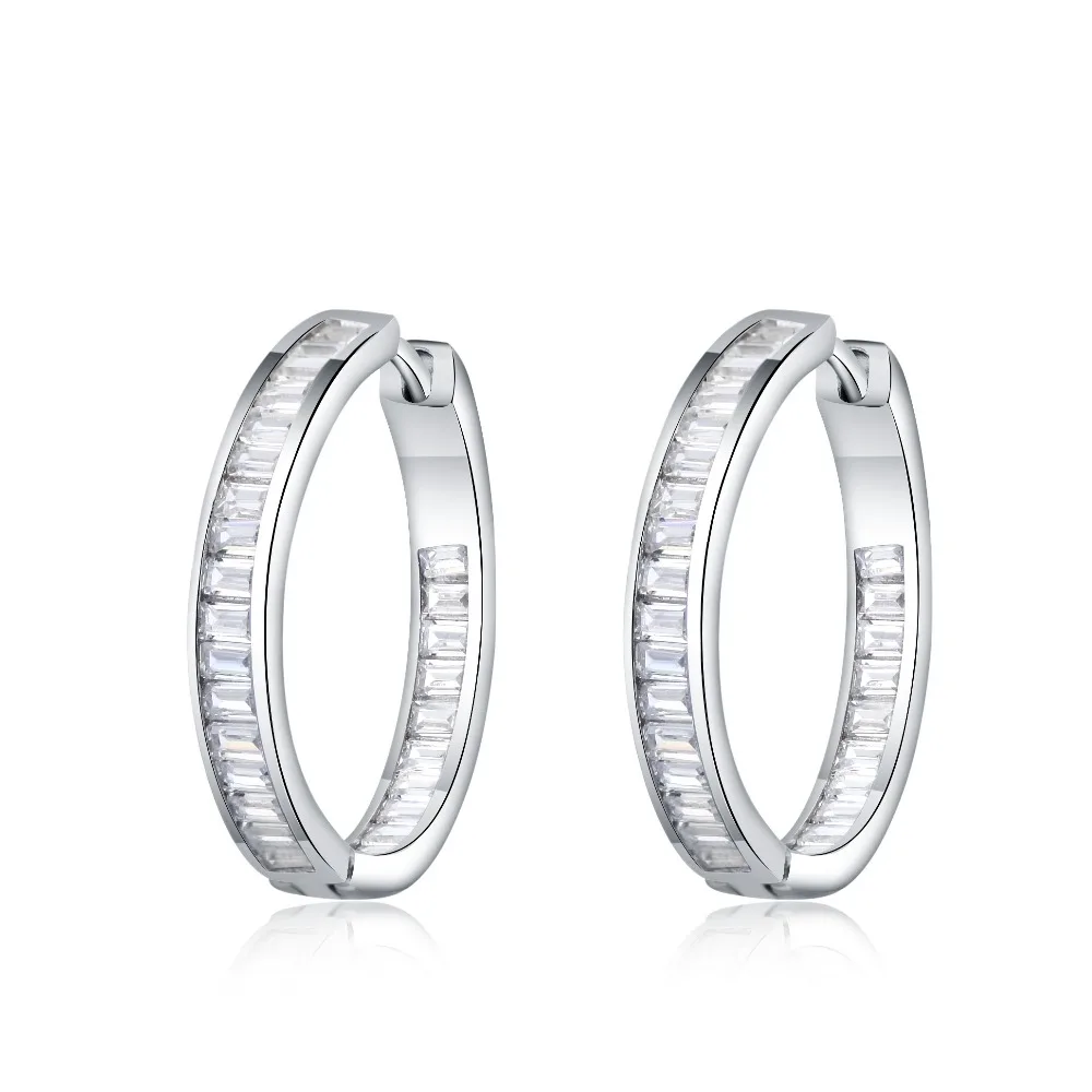 

2018 925 Sterling Silver High Polished Hoop Earrings Paved with AAA Austrian Full Cubic Zirconia for Wedding Party Jewelry