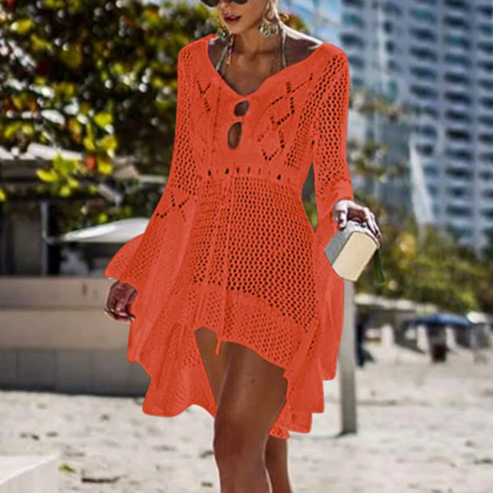 Sfit женское вязаное платье-накидка, Пляжная туника, длинное парео, бикини, купальный костюм, пляжная одежда - Цвет: orange