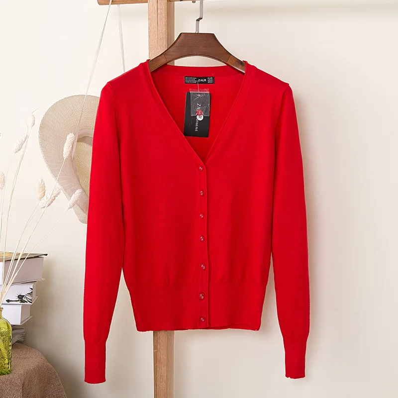 ARDLTME, вязаный кардиган, Женское пальто, одноцветное, 27 цветов, весна и осень, модный, v-образный вырез, длинный рукав, кроше, вязаный свитер, пальто, топы - Цвет: Красный
