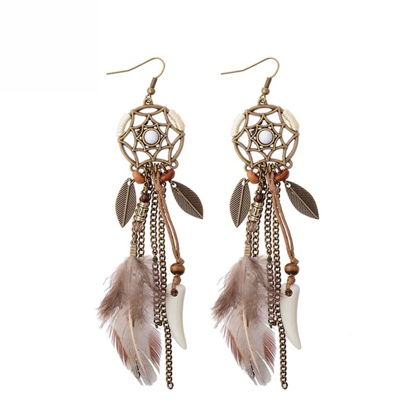 

Vintage Long Feather Drop Earrings For Women Handmade Ethnic Statement Hanging Dangle Earrings Female Tassel Jewelry