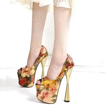 

Fashion 20cm Printing Chick Heels Platform Pumps Women Autumn Patent Leather High Heels Peep Toe Shoes Plus Size 34- 47 AWP023
