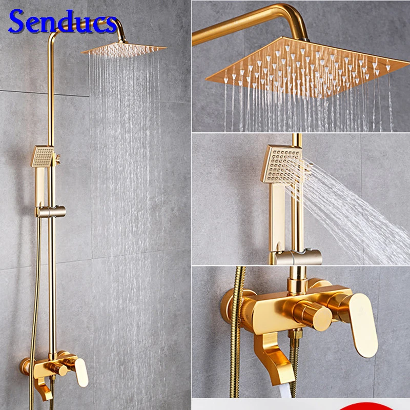 

Senducs Space Aluminum Gold Shower Set Newly Design Aluminum Bathroom Shower Faucet 8 Inch Rainfall Gold Shower System