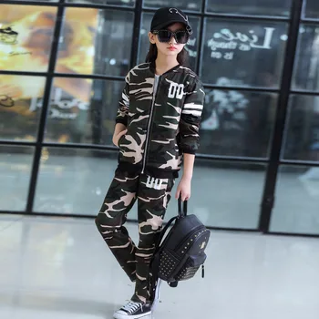 

3-13T Girls Camouflage Long Sleeve Clothing Set For Spring & Autumn 2018 New Girl Sport Suit Students Military Training Uniform