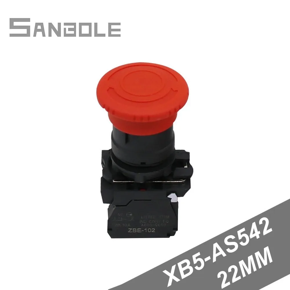 

Circular XB5-AS542 Emergency Stop Push Button Switch Plastic Open Hole 22mm 1NC Red Round type Mushroom head