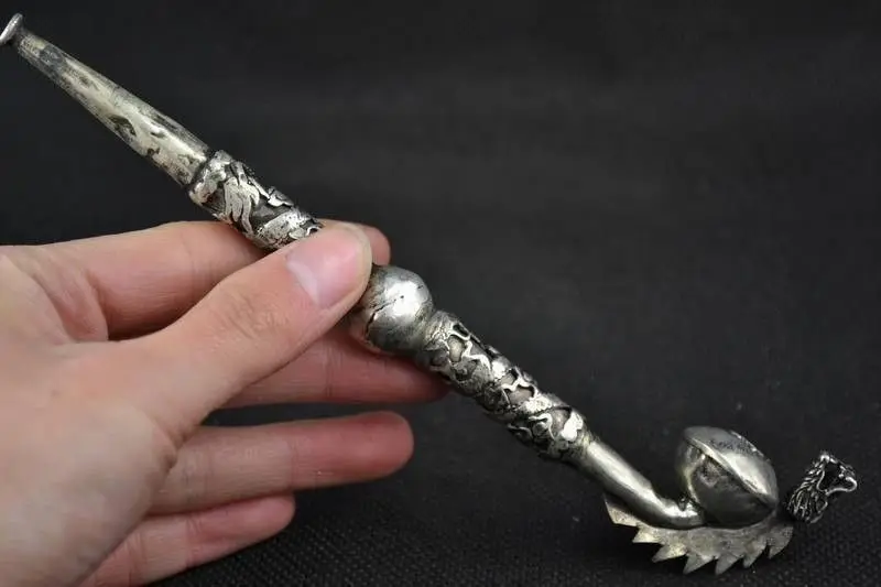 Collectible Decorated Handwork Tibet Silver Carved Dragon Smoking Pipe Tool | Дом и сад