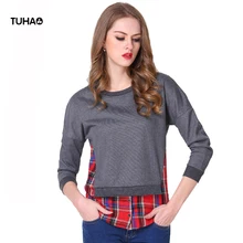 TUHAO весна осень плюс размер футболка женская искусственная 2 шт плед пэчворк с круглым вырезом длинный рукав пуловер тройники толстовки TR8074