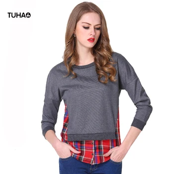 

TUHAO Spring Autumn Plus Size T-shirt Women Faux 2 PCS Plaid Patchwork O Neck Long Sleeve Pullover Tees Sweatshirts TR8074
