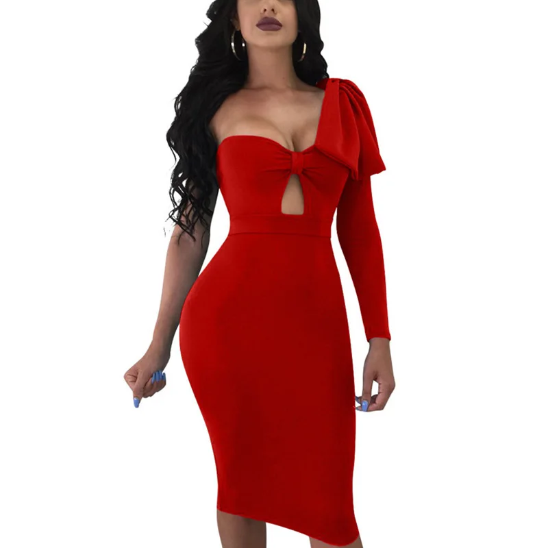 Elegant One Shoulder Sexy Bodycon Dress Women Hollow Out Bow Long Sleeve Party Dresses Knee