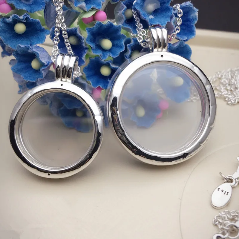 

925 Sterling Silver Necklace two Size Floating Locket Silver Pendant Necklaces for women with Link Chain Fit Petites Beads DIY