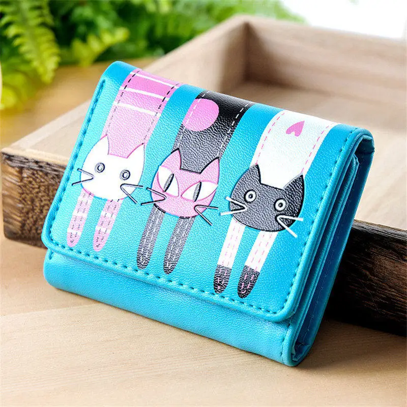 PACGOTH kawaii pu leather short wallets unisex animal prints cute cats