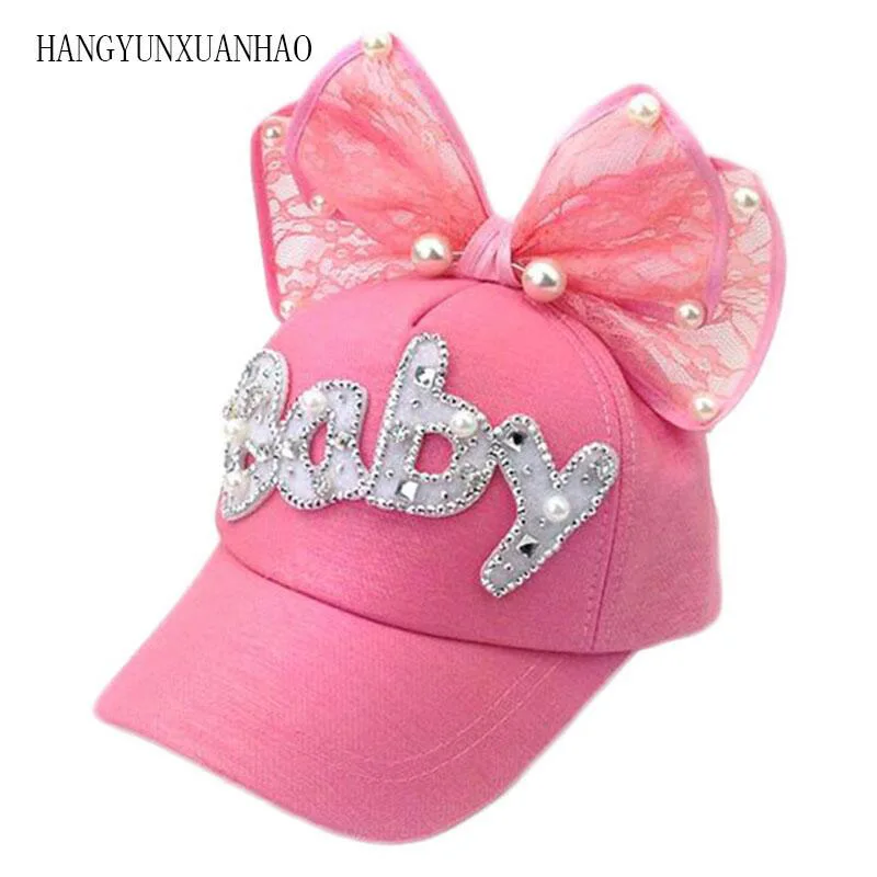 

Cute Big Bow Girls Snapback Baseball Cap Children Mesh Hat Spring Summer Adjustable Snapback Casquette Kids Baby Pearl