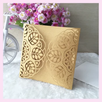 

12pcs/lot 250gsm pearl paper wedding birthday party decoration invitation card wedding favors laser cut gold leaves design QJ-65