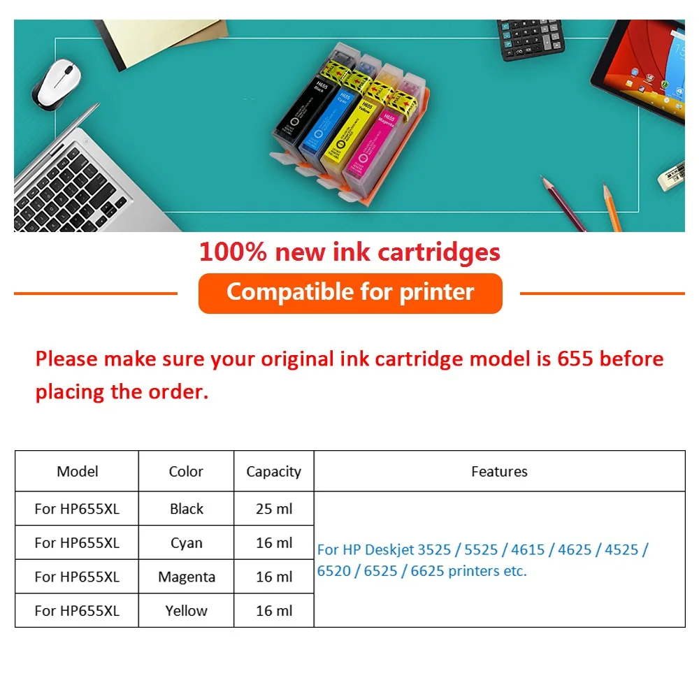Xiangyu 8 шт./лот совместимый для hp 655 для hp 655 BK C M Y чернильный картридж с чипом для hp 3525 4615 4625 5525 6520 6525 6625