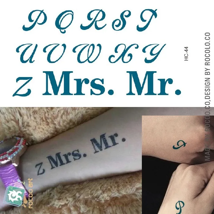 Water Transfer Tattoo English Letters Alphabet Tattoo Word P Z "Mrs Mr