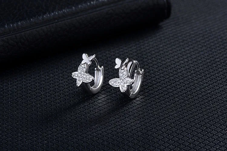 Симпатичные настоящие 925 пробы, серебряные крошечные серьги-кольца с двойной бабочкой, маленькие серьги для девочек с фианитами, минимальное ювелирное изделие от насекомых SE067