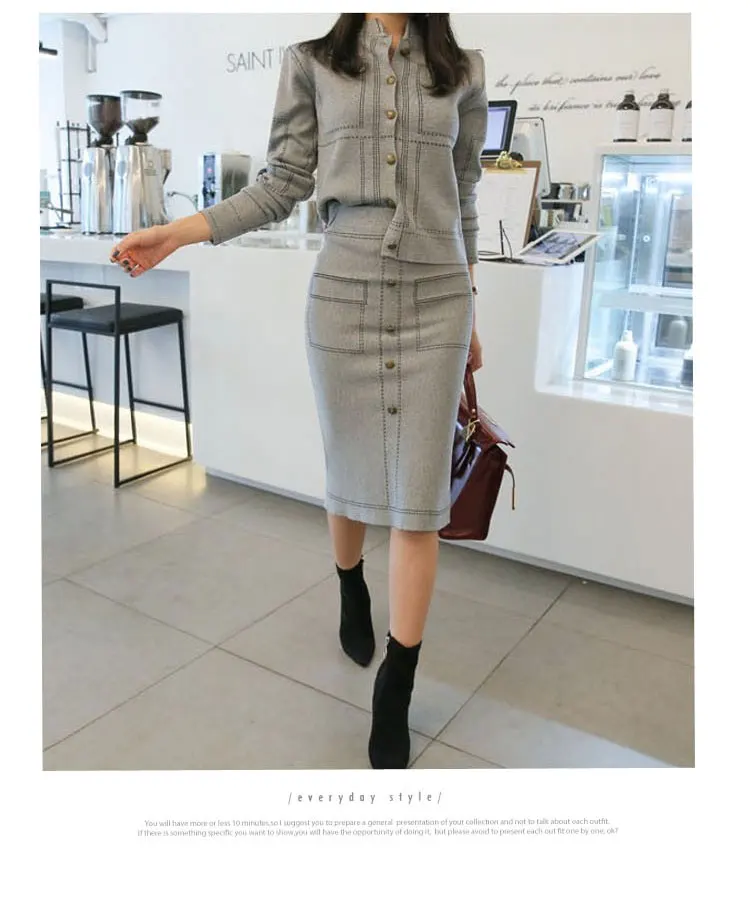 HAMALIEL осенне-зимний свитер комплект из 2 предметов Модный женский серый вязаный однобортный Кардиган и облегающая юбка-карандаш комплект