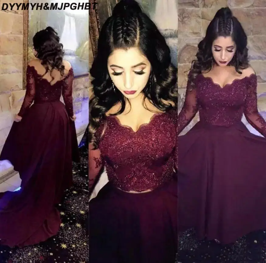 2018 Off The Shoulder Two Pieces Long Sleeves Lace High Low Prom Dresses Beaded Satin A Line Formal Party Evening Dresses In Burgund_