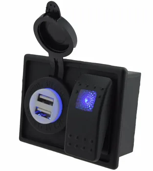 

DC 12V-24V White 4.2A Double USB Port Blue Led Rocker Switch with Holder Housing for Car Boat RV Motorcycle Marine