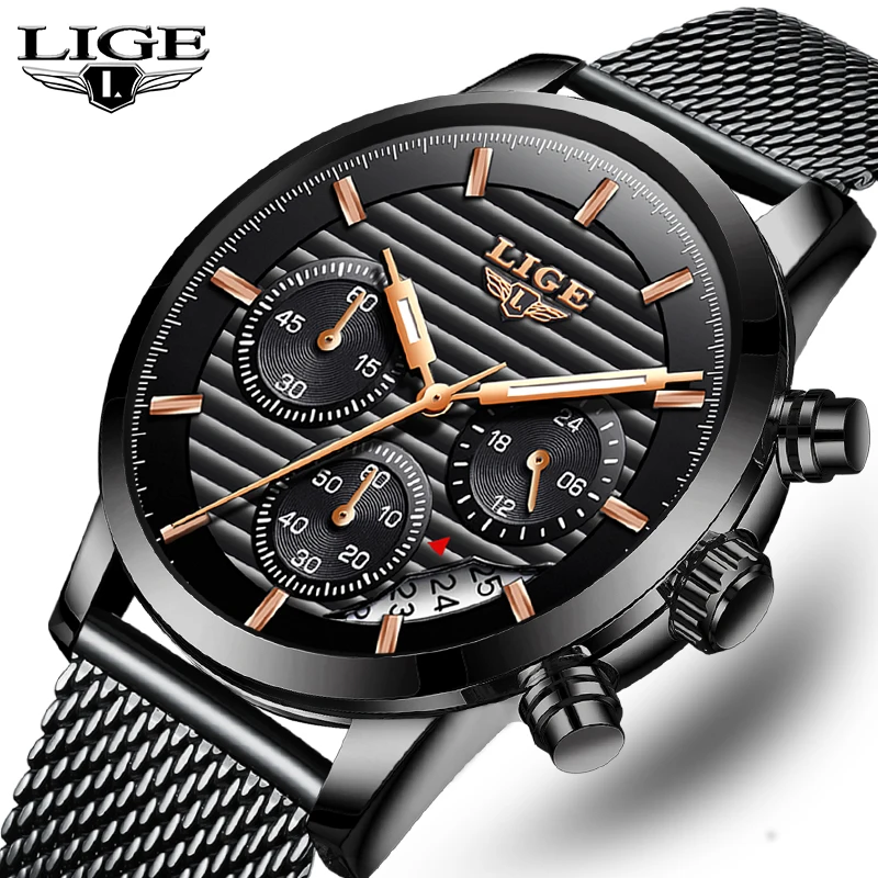 

LIGE Fashion Top Luxury Brand Watches Men Stainless Steel Mesh Band Quartz Sport Watch Chronograph Men's Wrist Watches Clock