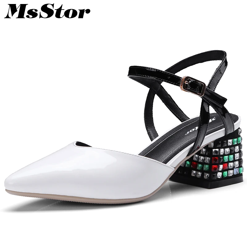 

MsStor Women Dress Party Sandals Fashion Metal Buckle High Heels Crystal Sandals 2018 Summer Square heel Pointed Toe Sandals