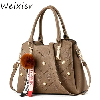 

WEIXIER Hot Selling bag Women Flower Rivet Tote Female Shoulder Bags Quality PU Leather Crossbody Bags with fur ball LW-69