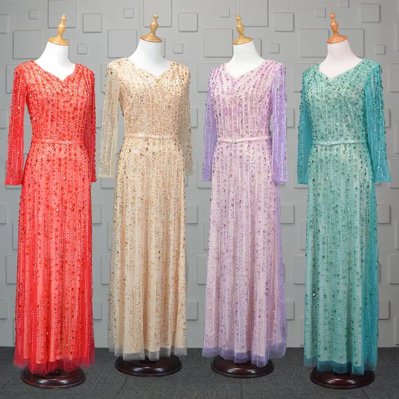 

Fast Shipping in Stock Gray Long Mermaid Evening Dresses with Long SleeveBeaded Sequined Plus Size Mother of the bride dress