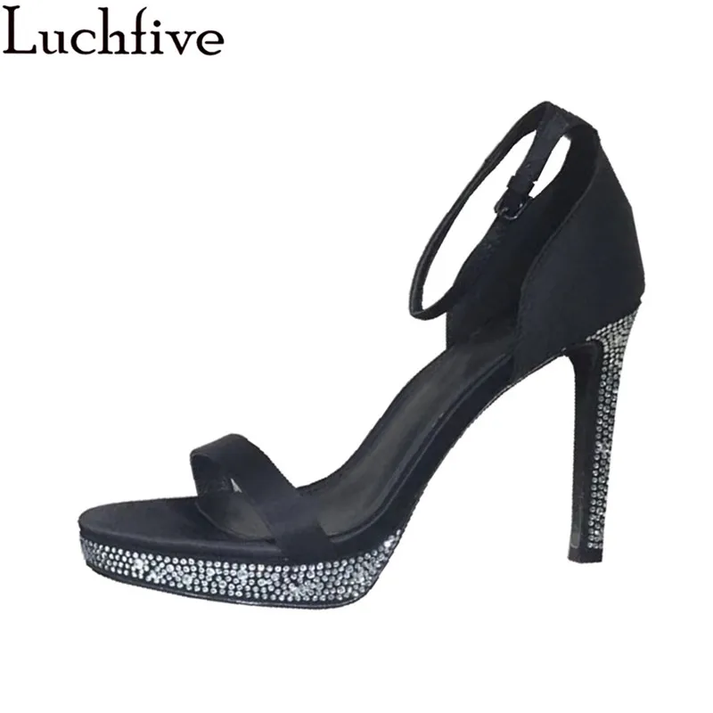 

Luchfive Silk Bling Crystal Cover Heel Sandals One Strap High Heels Ankle Buckle Strap Real Leather Bottom Summer Shoes Women