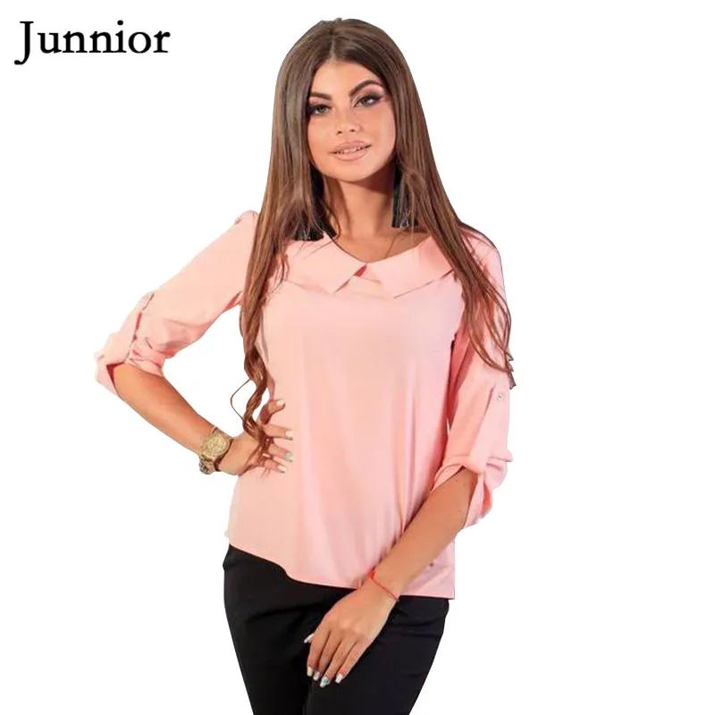 

Junnior Button Soild Shirts for Female Half Sleeve Pink Blouse Office Lady Moda Mujer 2019 Casual Tops Clothes Puls Size Femme