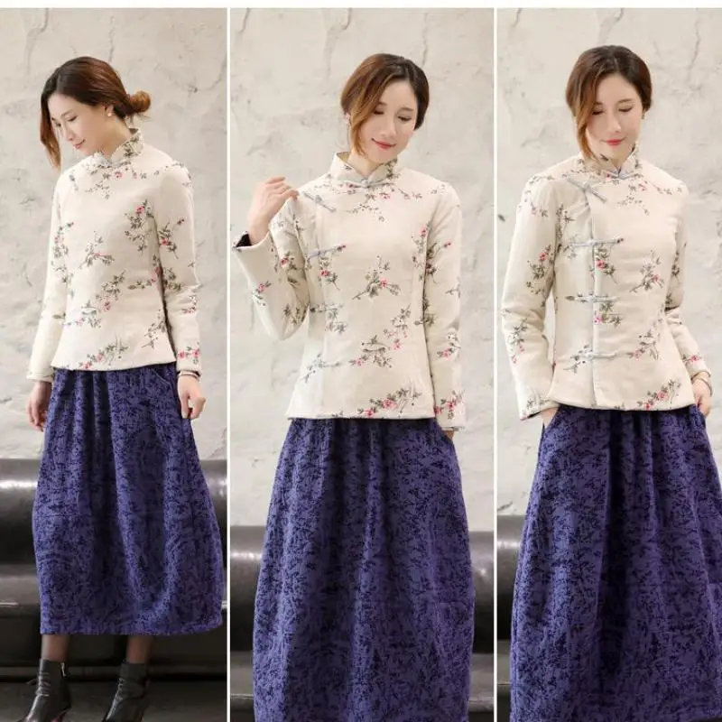 Femme À Traditionnel Femmes Manches Mandarin Élégant B Tang Vêtements style Outwear Vintage Coton Col Veste Chaud A Imprimé Longues Style Fleur aqOAfwxAg