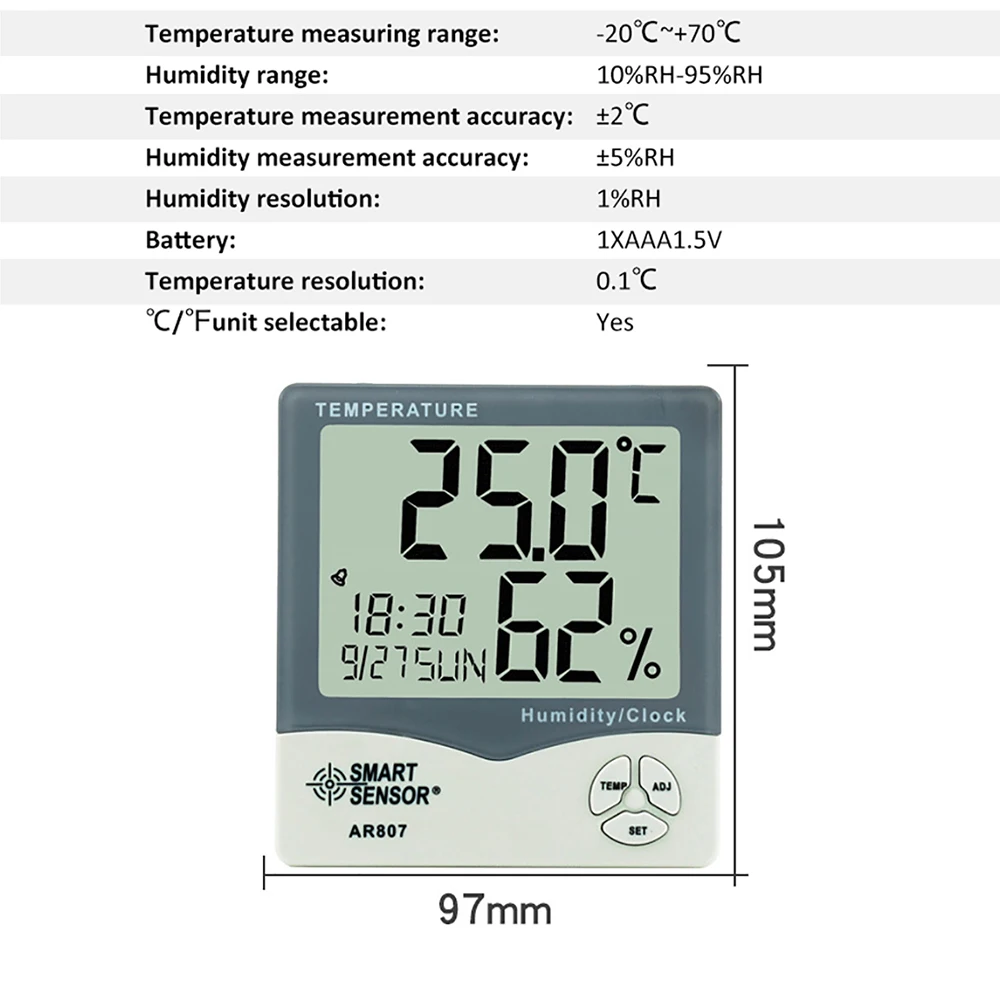 Smart Sensor Digital Thermometer Hygrometer Indoor Outdoor Temperature Humidity Meter C/F LCD Display Weather Station