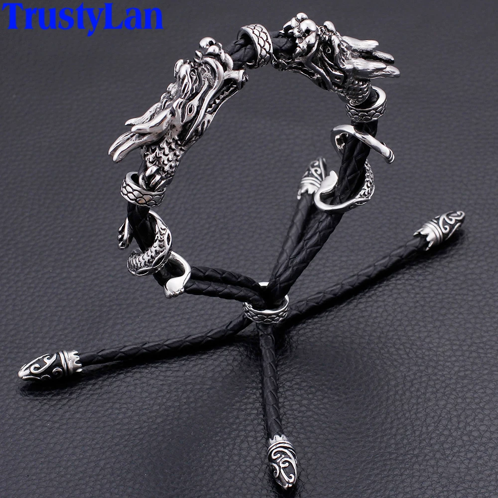 

Classic Braided Leather Bracelet Male Stainless Steel Rocker Double Dragon Mens Bracelets Adjustable Wrap Bracelet Man Jewelry