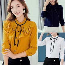 Women Chiffon Shirt 2019 Women Work Office Long Sleeve Bow Tie Ruffles Solid Chiffon Blouse Tee Shirt Top