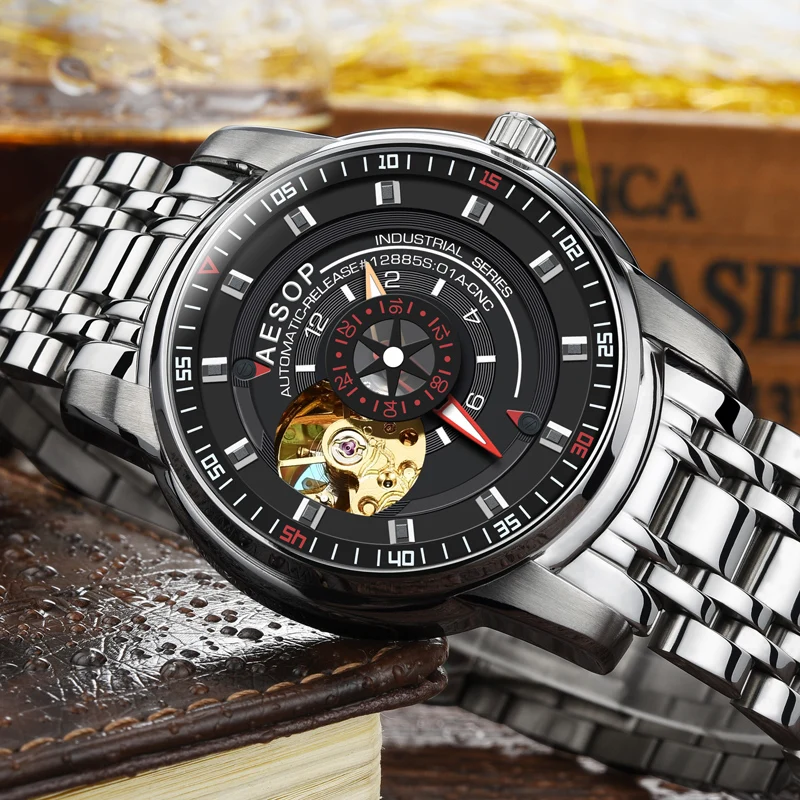 AESOP креативные автоматические механические часы для мужчин s часы Лидирующий бренд Роскошные черные часы для мужчин мужские часы Relogio Masculino Hodinky