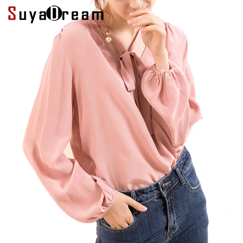 

Women Silk blouse 100% REAL silk crepe Long sleeved Office Lady Printed blouse shirt 2019 Spring new top Pink