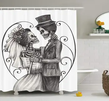 

Day of The Dead Shower Curtain Love Skull Skeleton Marriage Eterna Love Spanish Festive Print Fabric Bathroom Set Dimgrey and