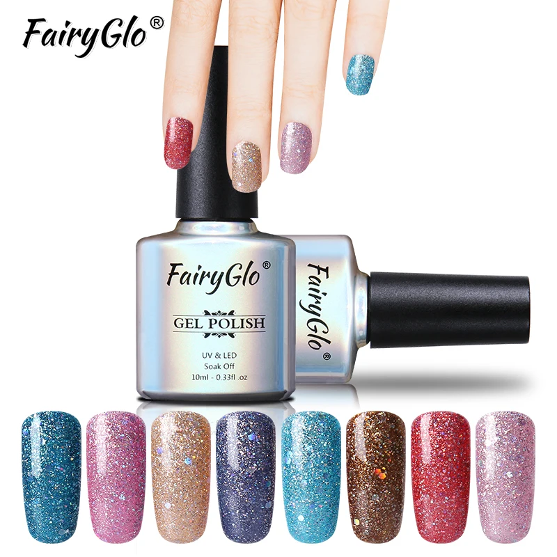 

FairyGlo 10ml Bling Glitter Nail Gel LED Lamp UV Gel Polish Soak Off Semi Permanent Paint Gellak Lucky Lacquer Stamping Enamel