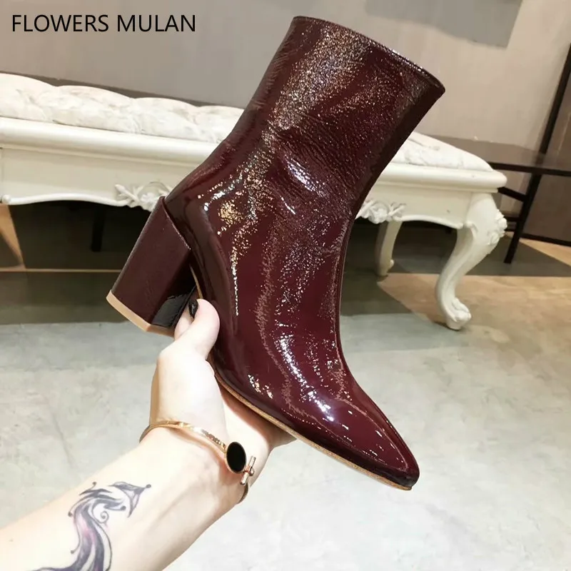 

Winter New Wine Red Black Bling Patent Leather Women Ankle Boots Pointed Toe Side Zip Ladies Booties High Square Heel Shoes